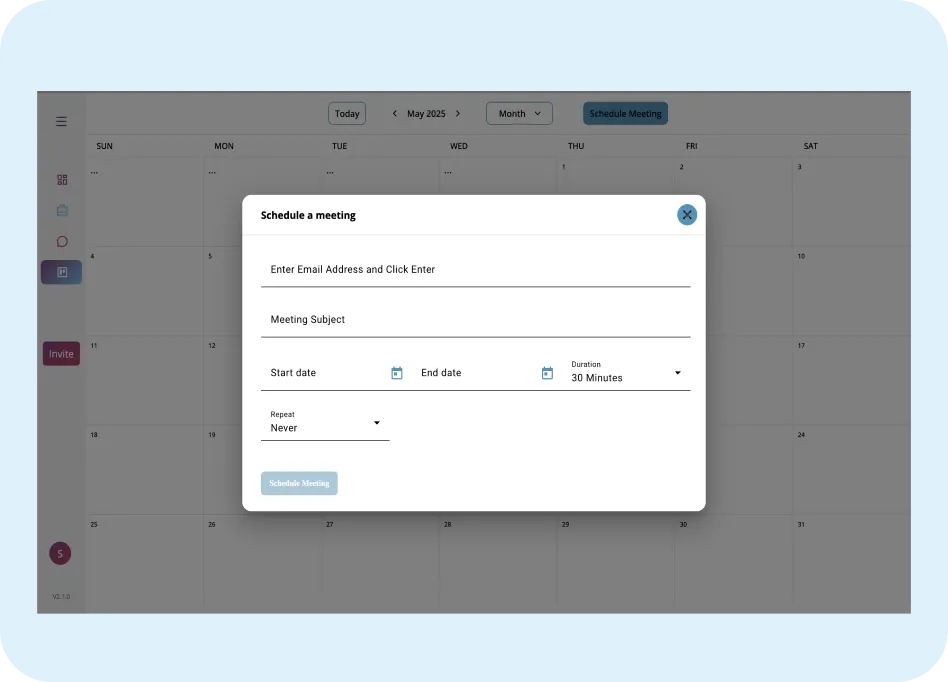 Calendar interface displaying a meeting scheduling pop-up with fields for email, meeting subject, start and end dates, duration, and a "Schedule Meeting" button, highlighting ORO AI's smart meeting management features.